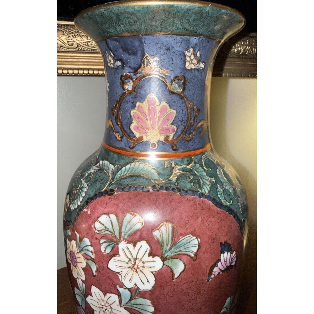 Vintage Cloisonné Style Floral Butterfly Vase Asian Decor Enamel Motif - Picture 2 of 3